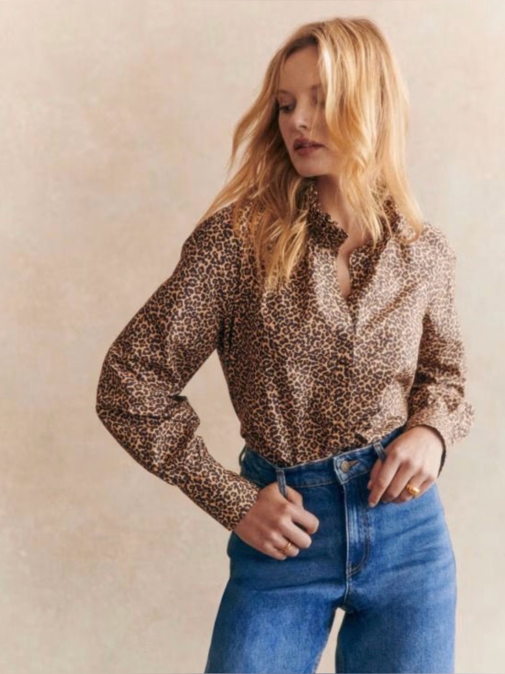 SEZANE chemise Louna Leopard Print Ruffle Collar Long-Sleeve Blouse - Brown